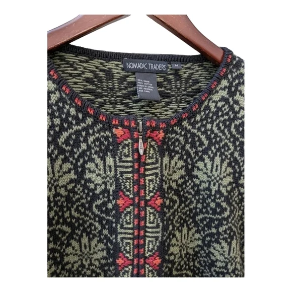 Nomadic Traders full zip Nordic cardigan sweater size medium black green - Picture 3 of 6